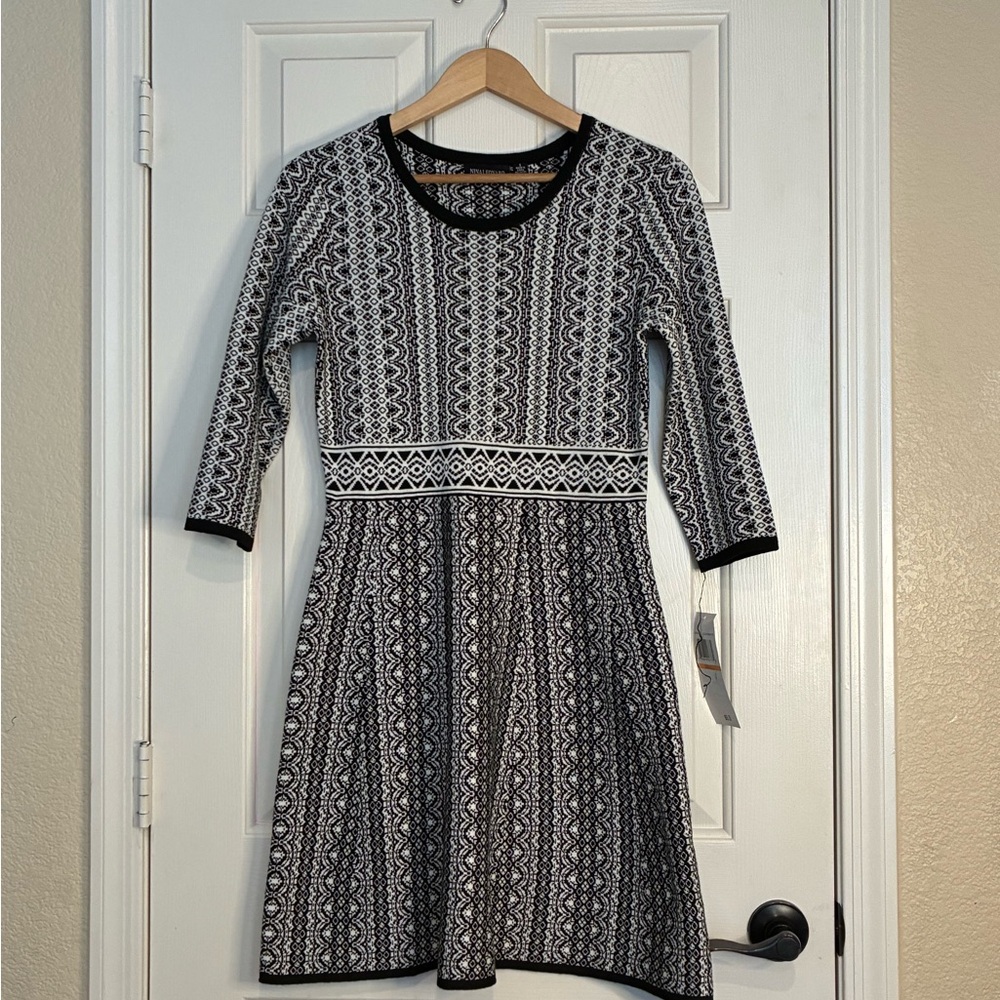 Nina Leonard Black and White Geometric Midi Sweater Dress